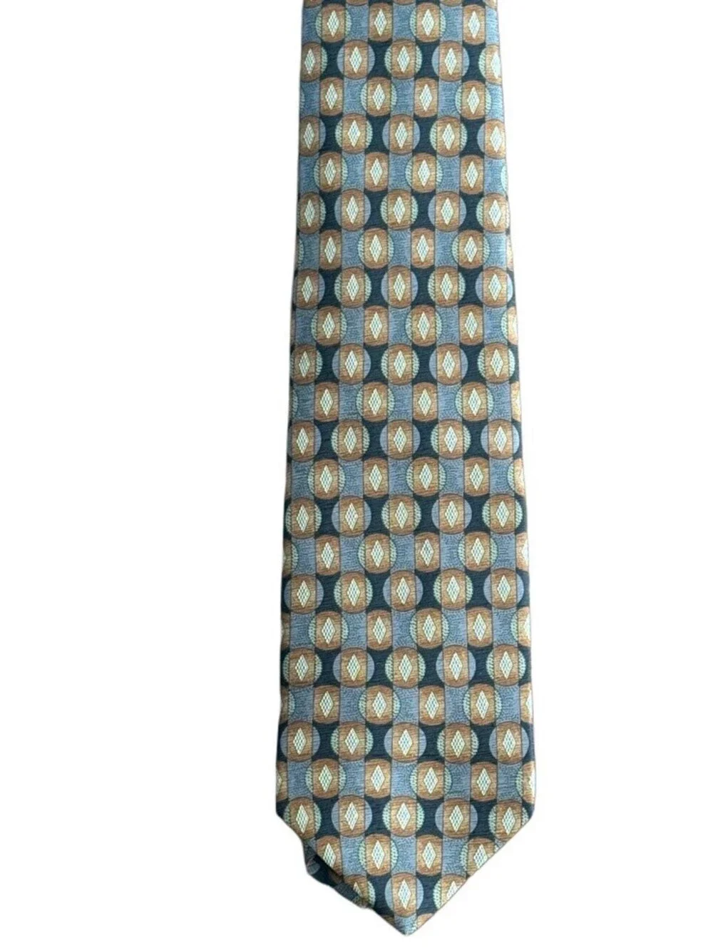 Mondo Uomo Tie 100% Silk Made in Italy Geometric Retro Pattern Brown Gray